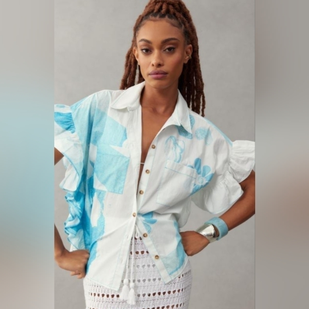 Anne guest for Pilcro  Cyanotype Ruffle-Sleeve